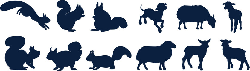 set of silhouettes of blue paint rabbit 