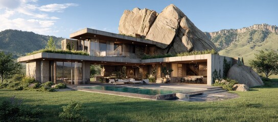 Modern house blends with rock formation in mountain landscape