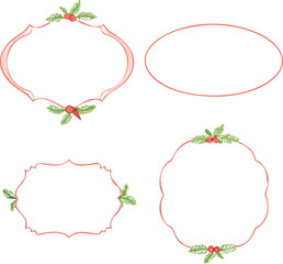 Watercolor Christmas Frames Collection with Holly Berries and Pine Branches for Holiday Greetings and Invitations on a White Background