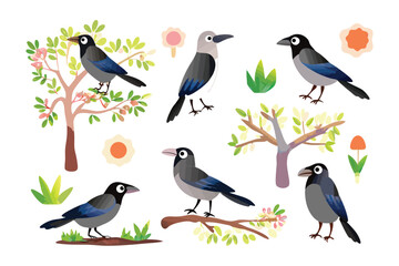 Illustration of Crows and Nature Elements: A captivating illustration showcasing a variety of crows perched amidst an array of nature elements, including trees, flowers, and greenery.