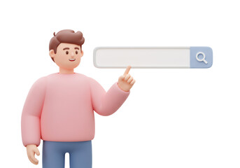 Cartoon Man Pointing at Blank Search Bar on Transparent Background in 3D Render