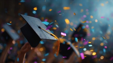 Graduation Celebration with Caps and Colorful Confetti in the Air