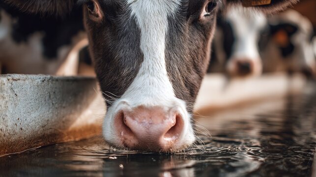 Healthy cow drinking water from farm trough. Healthy livestock. Sustainable farming concept