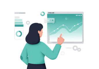 Woman Analyzing Green Data Chart on Transparent Background in Modern Style