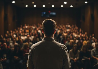 Man facing audience in dimly lit auditorium with overhead lights speaker presentation