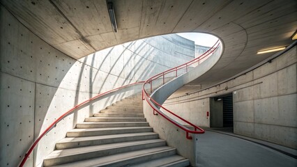 Modern concrete staircase with curved skylight and red handrail