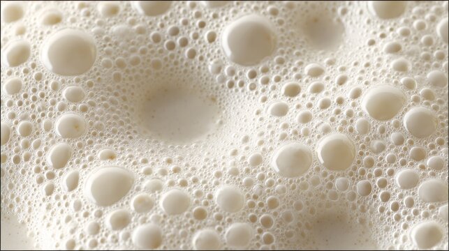 Macro milk foam bubbles creating creamy white texture