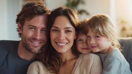 Happy Family Portrait with Smiling Parents and Two Children Together