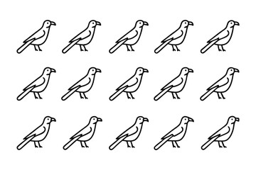 Line of Birds: Simple yet impactful vector art presents a series of stylized birds in an array. A monochromatic, clean, and minimalist composition.