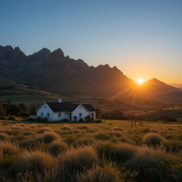 landscape view of the sun setting on a farm house at the base of the outeniqua mountains in George, western cape province of south africa