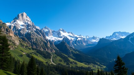 Fototapeta premium Majestic snow capped mountain peaks under a clear blue sky