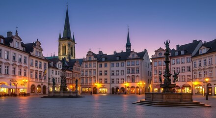 Fototapeta premium Dusk Illuminates Historic City Square with Fountain, Church, and Buildings
