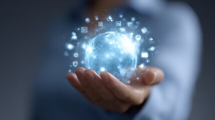 Hand Holding Glowing Digital Globe with Icons and Symbols Floating