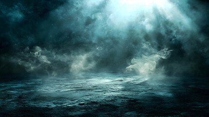 Fototapeta premium Dark, smoky, atmospheric scene. Misty, illuminated space. Textured ground