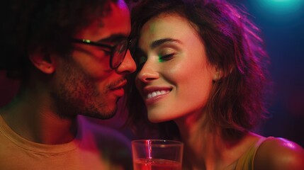 Romantic Moment Between Couple in Vibrant Nightclub Setting