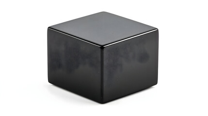A solid, black cube with subtle texture sits on a plain white background.  The cube's surface shows slight variations in shade, suggesting a material with subtle imperfections or a polished finish