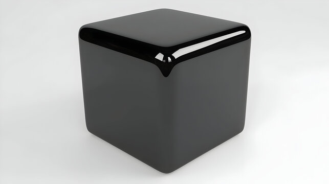 Glossy black cube object on plain background.  Smooth, geometric, and simple design
