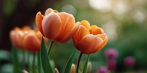 Vibrant orange tulips blooming in sunlit garden
