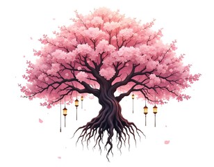 Enchanted Cherry Blossom Tree with Hanging Lanterns: A Digital Painting of Tranquil Beauty