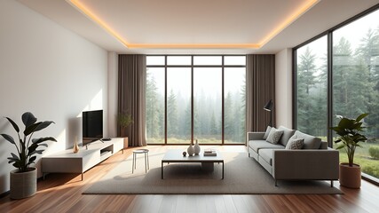 Modern living room with large windows overlooking a forest