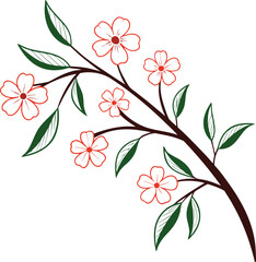 Elegant cherry blossom branch illustration with delicate red flowers and green leaves, perfect for spring design, botanical decor, and nature-inspired vector art for print or digital use.