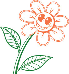 Cute smiling flower illustration with happy face and green leaves, perfect for kids design, cartoon decoration, and cheerful botanical artwork for spring and nature projects.