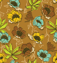 a brown and blue floral pattern with leaves
