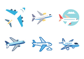 Collection of six stylized airplane icons Bundle with different color schemes and designs