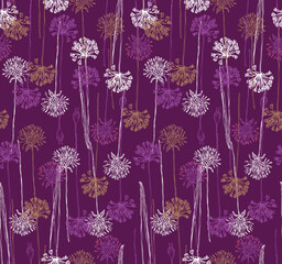 a purple and gold pattern with dandelions