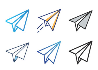 Diverse Paper Airplane Icons Illustration Showcasing Bundle Style and Color Variations on white backdrop
