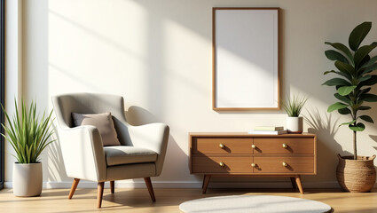 Fototapeta premium Sunny Light Fills a Serene Guest Room Interior Featuring Comfortable Furnishings