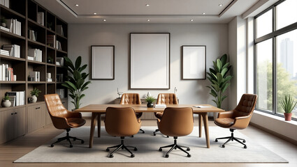 Stylish Office Room Interior Featuring a Large Wooden Meeting Table and Modern Decor