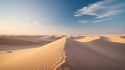 Vast desert landscape with rolling sand dunes under a clear blue sky with wispy clouds, illuminated by sunlight.