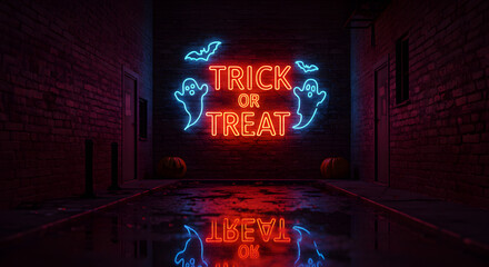 Vibrant 'Trick or Treat' neon sign with glowing ghosts and bats illuminates dark alley, casting vivid reflections on wet pavement for Halloween night.