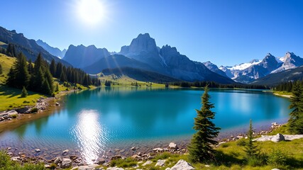 Turquoise mountain lake reflecting sunlit peaks and evergreen forest