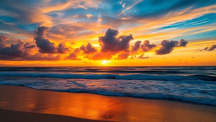 Fototapeta premium Serene Sunset Beach with Vibrant Sky, Gentle Waves, Soft Sand, Tranquil Ocean – Hyper-Realistic 8K
