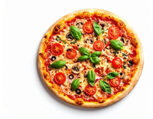 Freshly baked pizza with cherry tomatoes black olives mushrooms cheese and basil leaves on a white background perfect for food lovers and pizza enthusiasts