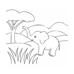Cute elephant in grassy landscape with tree and hills