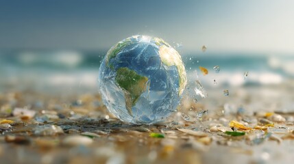 Earth in Transparent Globe with Water Splash on Sandy Beach Background