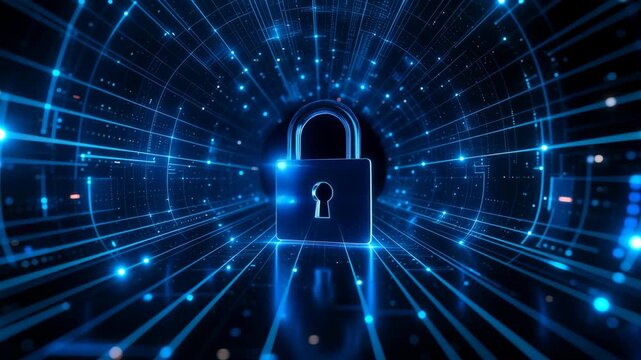Digital padlock in glowing data tunnel represents cybersecurity and data privacy