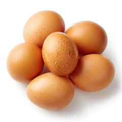 A cluster of fresh brown chicken eggs on a white background