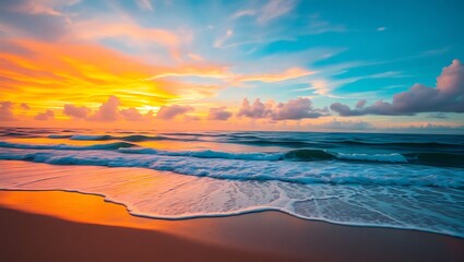 Fototapeta premium Serene Sunset Beach with Vibrant Sky, Gentle Waves, Soft Sand, Tranquil Ocean – Hyper-Realistic 8K