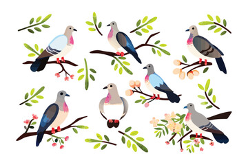 Doves on Branch: A collection of elegant doves gracefully perched on delicate branches with lush foliage, creating a serene and harmonious scene.