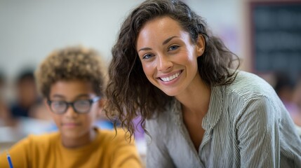 Engaging Teacher Smiling with Student in Classroom Setting