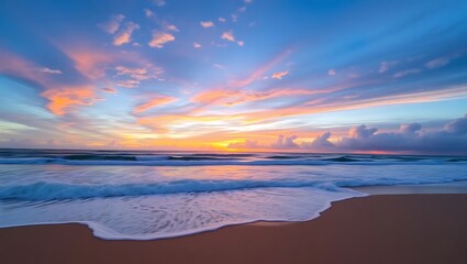 Fototapeta premium Serene Sunset Beach with Vibrant Sky, Gentle Waves, Soft Sand, Tranquil Ocean – Hyper-Realistic 8K
