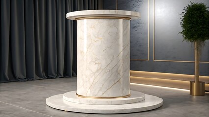 Naklejka premium Modern cylindrical podium with a white marble texture and gold accents. A pedestal stage for product presentation or showcase.