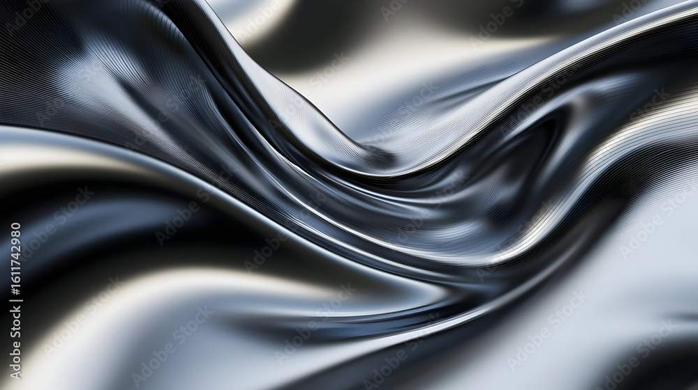 Wall mural abstract fluid metal waves, with a mix of dark and light grayscale tones, flowing in a dynamic patte