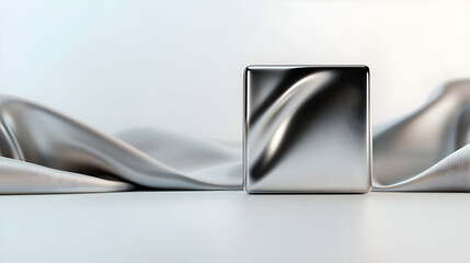 Polished metallic cube rests on a bed of draped, soft fabric.  A sophisticated, modern presentation