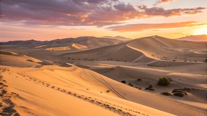 Golden dunes stretch under a clear blue sky revealing the beauty of nature in a vast desert landscape near the horizon at sunset