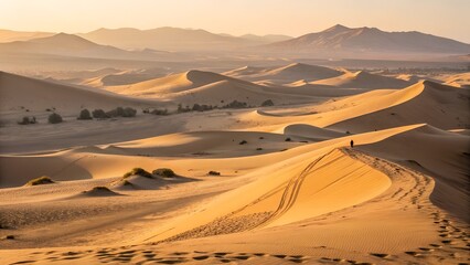 Golden dunes stretch under a clear blue sky revealing the beauty of nature in a vast desert landscape near the horizon at sunset
